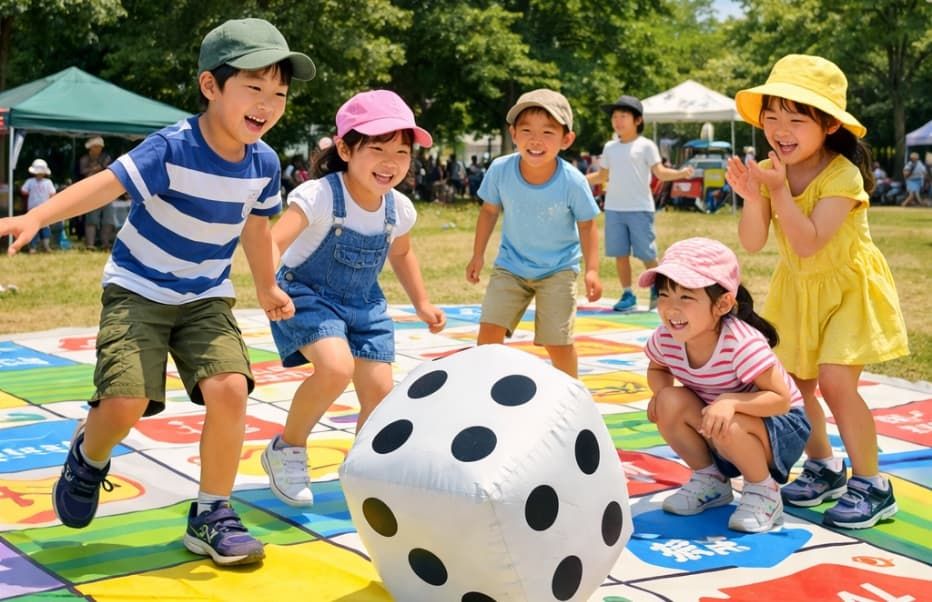 巨大なすごろくで遊ぶ子どもたち